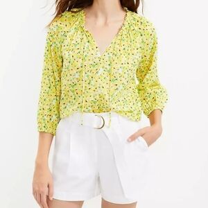NWT Loft Yellow Floral Clip Tie Neck Ruffle Flowy Boho Blouse Size Large
